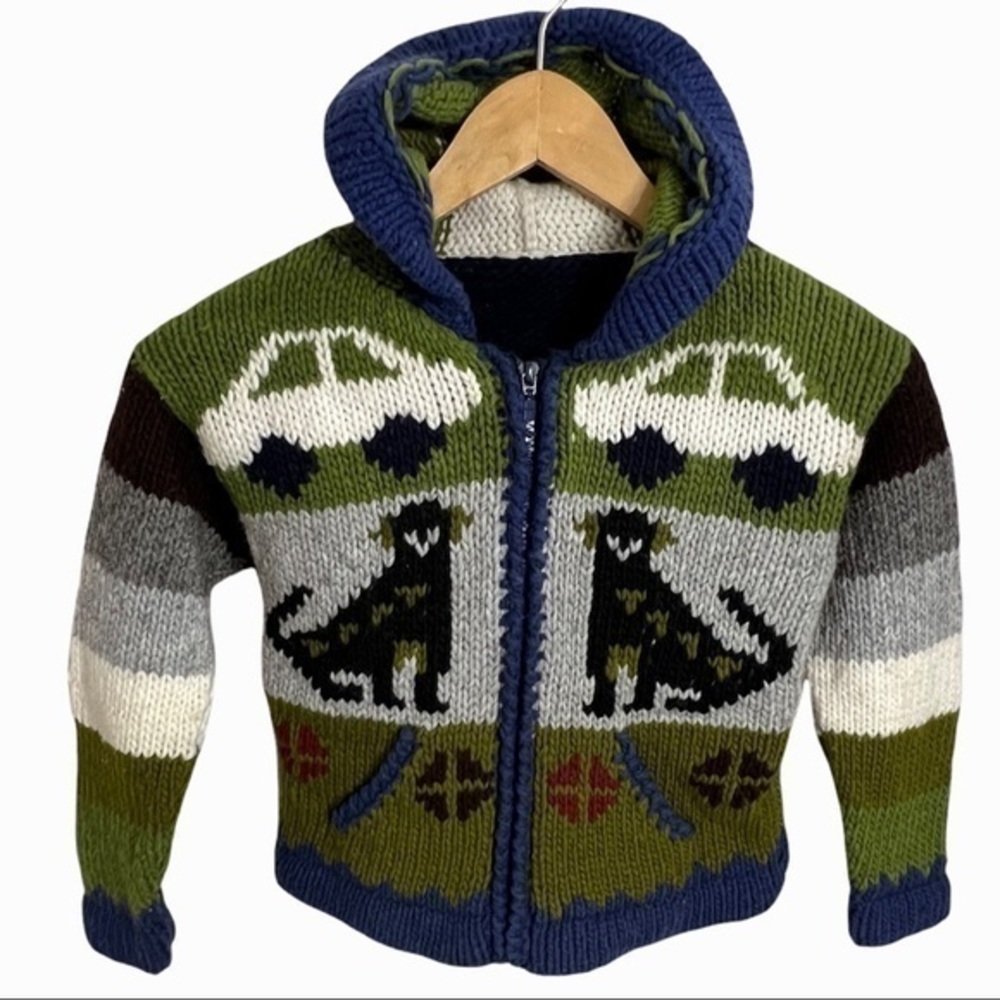 Vintage Hand knit puppy and cars zip up sweater - Picture 6 of 10